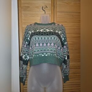 Women's Green and Pink Reindeer And Tree Patterned Sweater